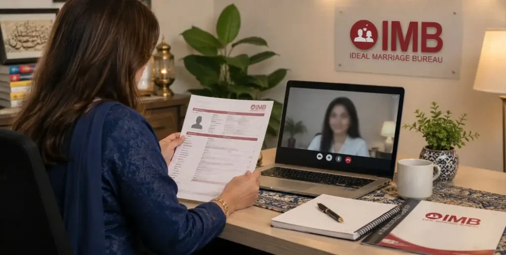 Dedicated marriage consultant conducting a personalised matchmaking consultation for a Pakistani family remotely