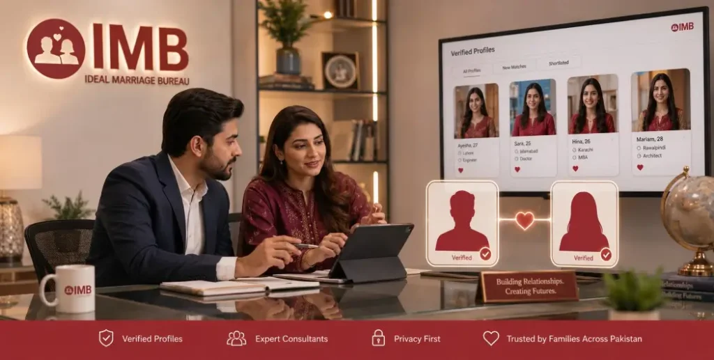Modern marriage bureau matchmaking service in Pakistan showing professional consultants reviewing verified profiles in a trusted and digital matrimonial consultation office environment