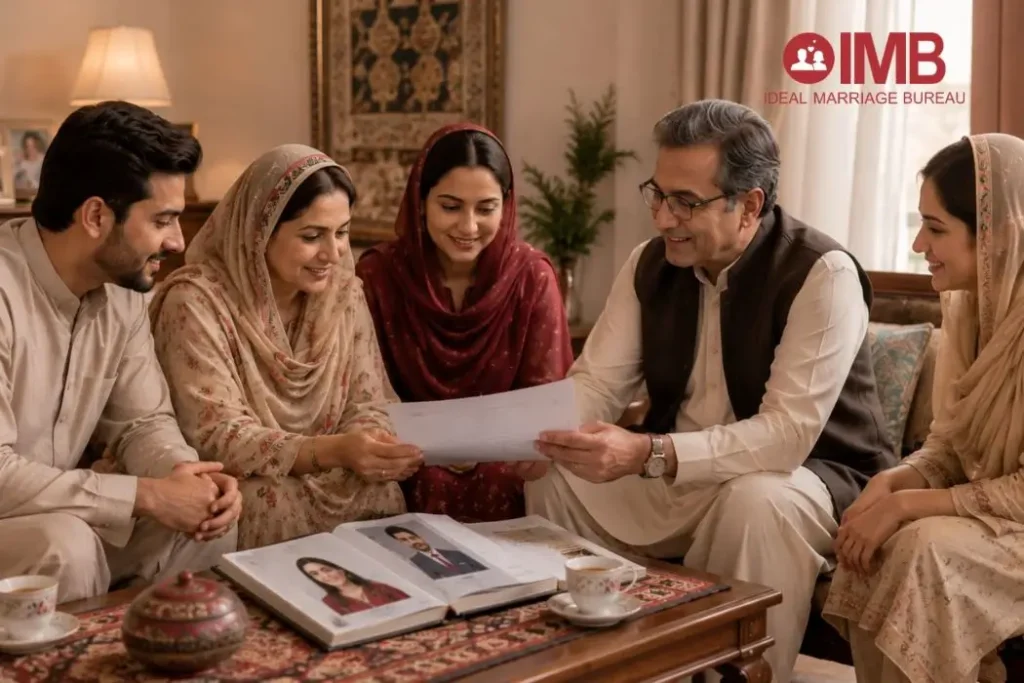 Types of Marriage Bureau Services Pakistani family reviewing marriage bureau proposals together in a living room