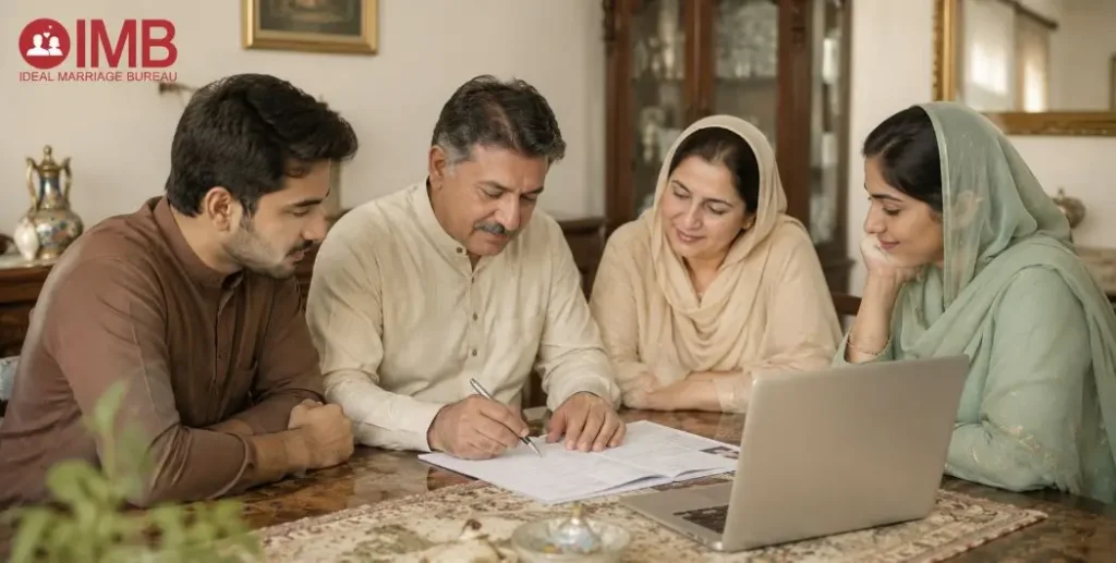 Family completing rishta profile registration with marriage bureau consultant