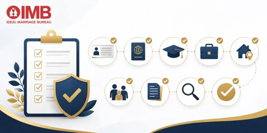 Icons representing marriage bureau profile verification checklist steps