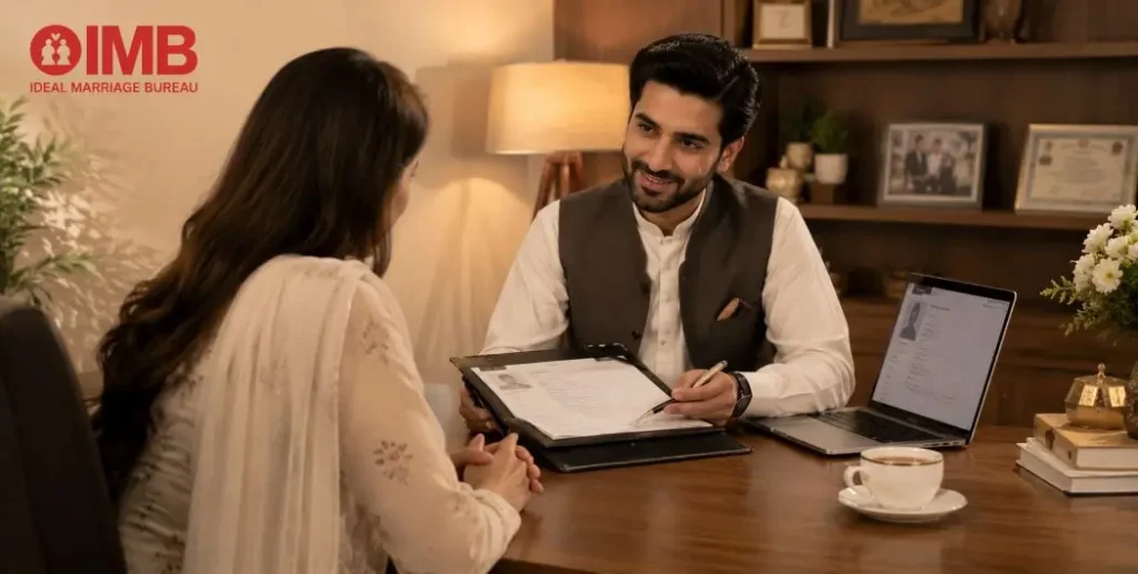 Matchmaker reviewing documents during marriage bureau verification process