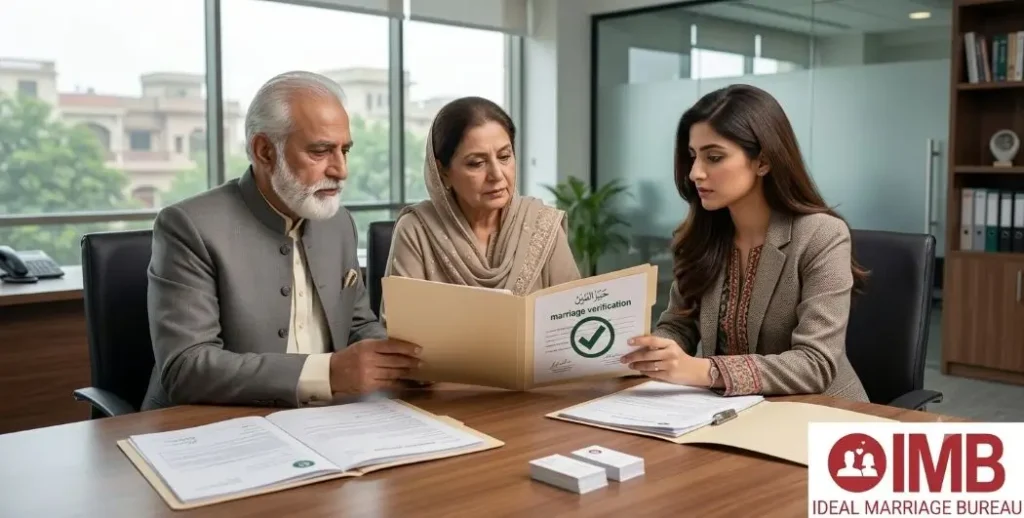 Matchmaker reviewing verified marriage proposal documents with family