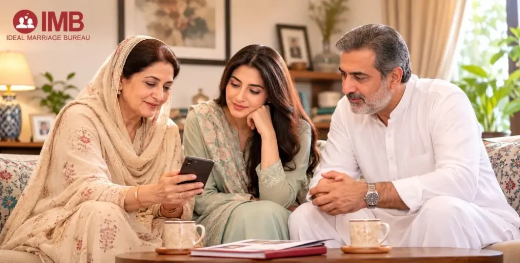 Pakistani family discussing the rishta process and marriage proposal at home