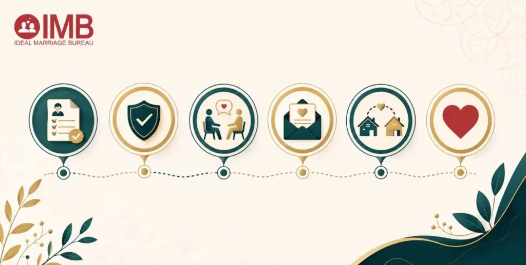 Rishta process step by step showing six stages from registration to family meeting