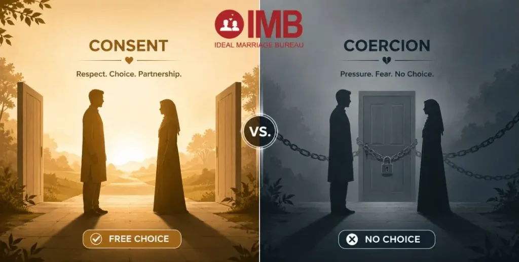 Arranged vs forced marriage — illustration showing the difference between consent and coercion