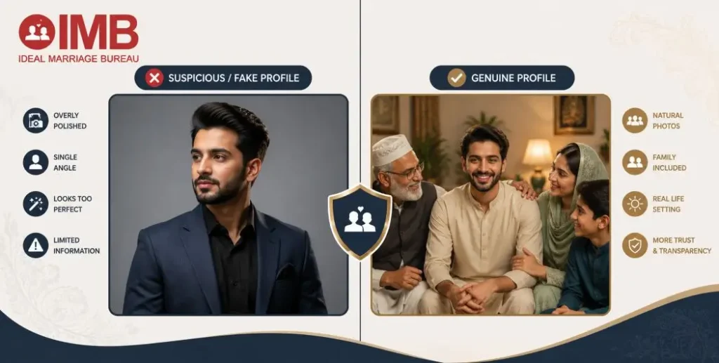 Comparison of fake studio-style rishta profile photo versus genuine family photo