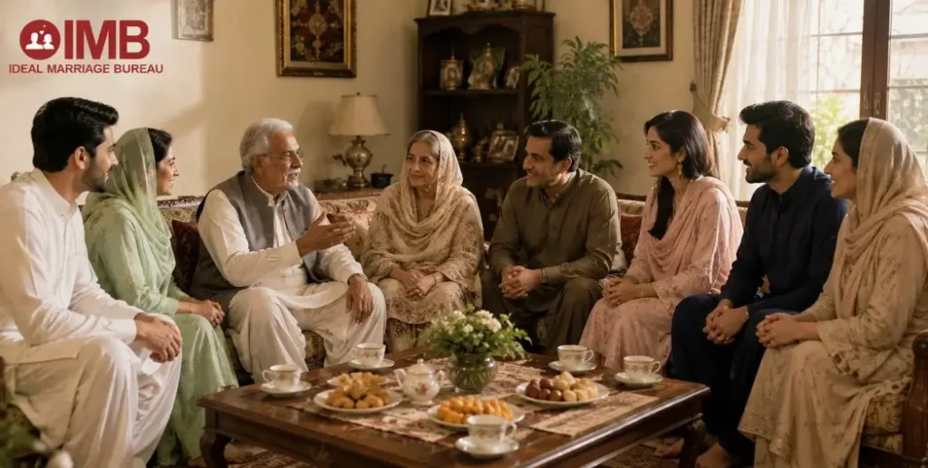 Family members discussing during a rishta meeting for marriage proposal