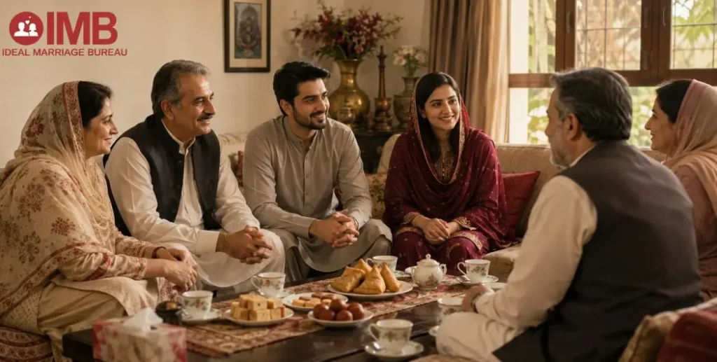 Two families sharing tea during a first rishta meeting