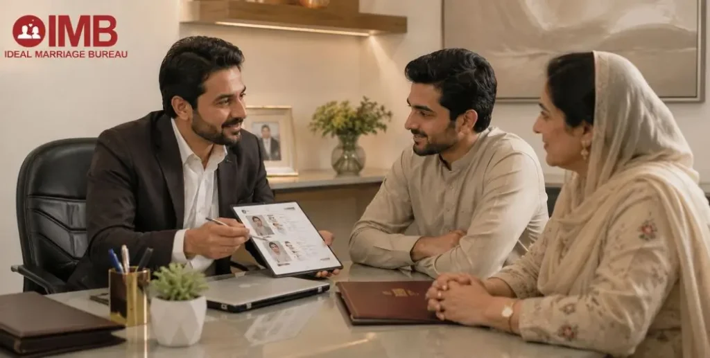 Ideal Marriage Bureau consultant guiding a family through verified rishta proposals