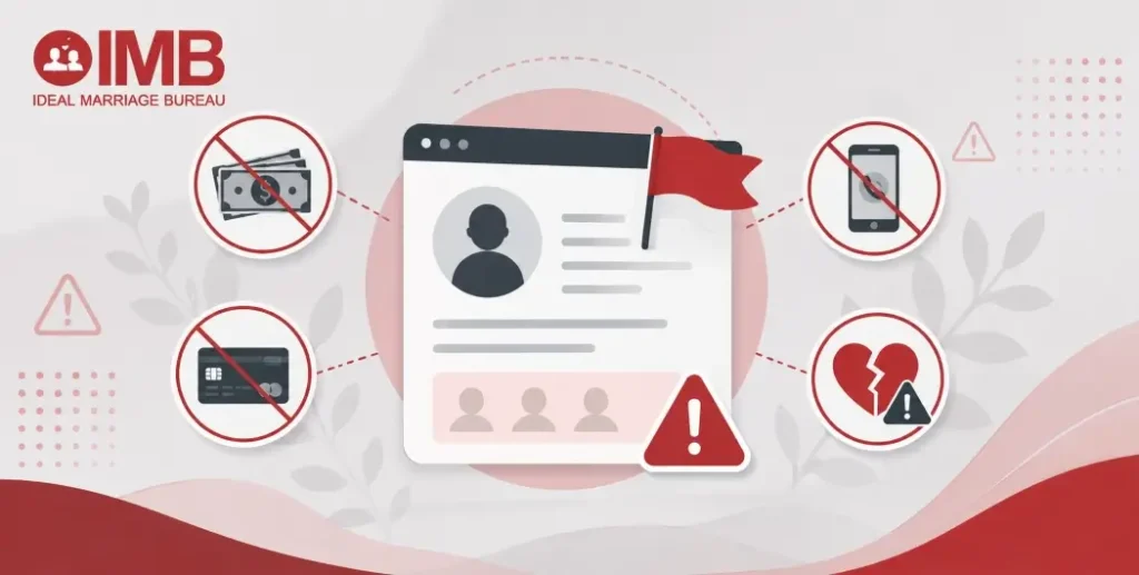 Infographic illustrating common red flags and scam warning signs on matrimonial websites