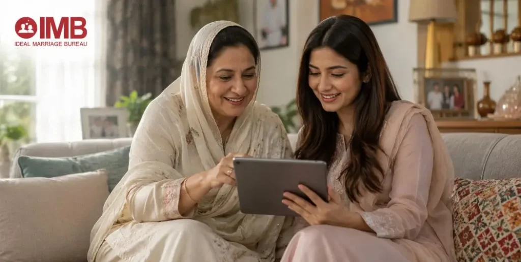 Pakistani family reviewing profiles on online matrimonial platforms together