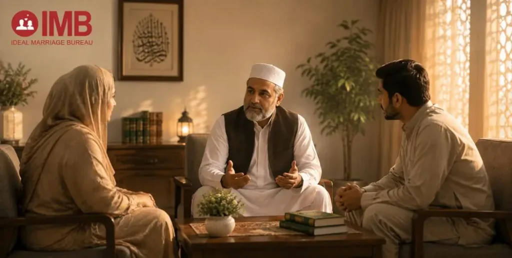Family mediation scene representing resolving Wali refusal in rishta