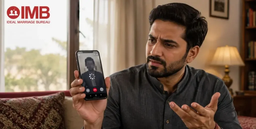 Man attempting a video call with a suspicious rishta match who avoids showing their face