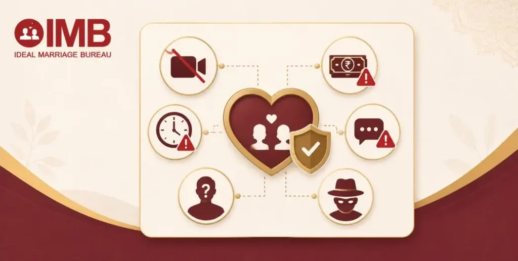 Icon based checklist illustrating common rishta scam and matrimonial fraud red flags