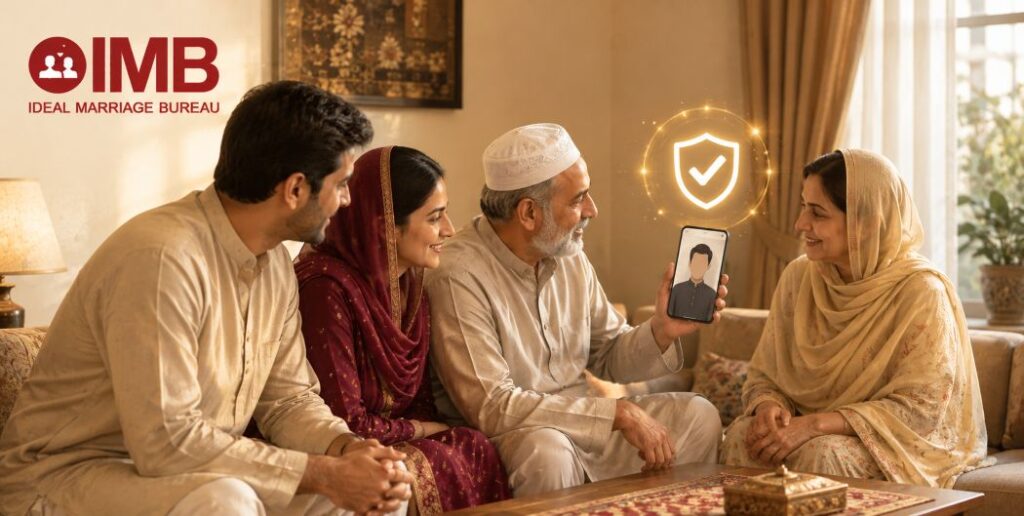 Pakistani family verifying a rishta match together during a video call before proceeding