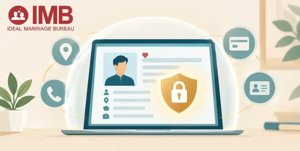 Matrimonial profile safety concept showing shielded personal information on a digital profile